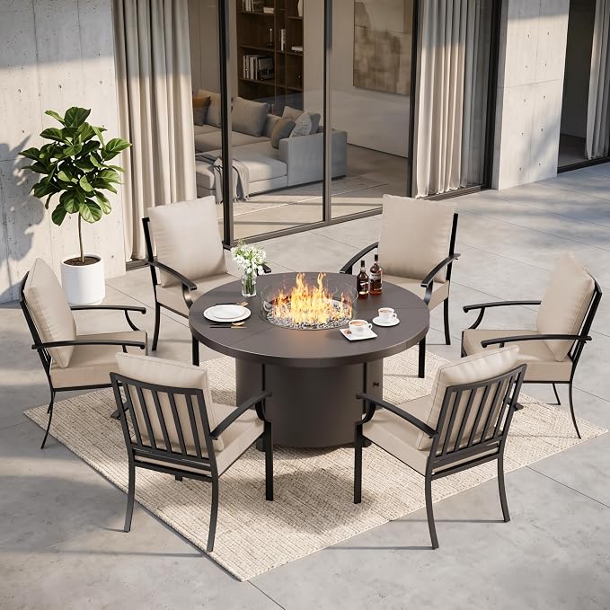 7 Pieces Outdoor Patio Furniture Set with 48" 55000 BTU Round Propane Fire Pit Table,Patio Dining Set Outdoor Conversation Sets 6 Chairs for Deck,Backyard and Garden,Brown