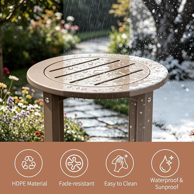 Small Outdoor Side Table 15.94" HDPE Round Adirondack End Table | Storage Shelf, Plant Stand, Weather Resistant, Easy to Clean & Use, Not prone to fading, for Patio, Backyard, Deck, Brown