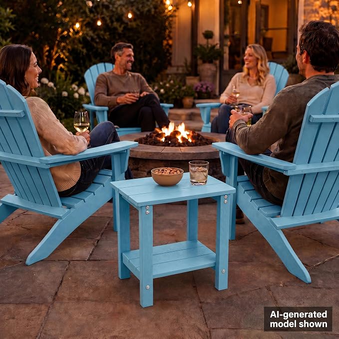 MXIMU Outdoor Side Table Set of 2: Heavy-Duty Sturdy Warp Resistant Adirondack Table - Wood Grain Finish Outdoor End Tables - Easy Assembly & Low Maintenance Patio Side Table Blue
