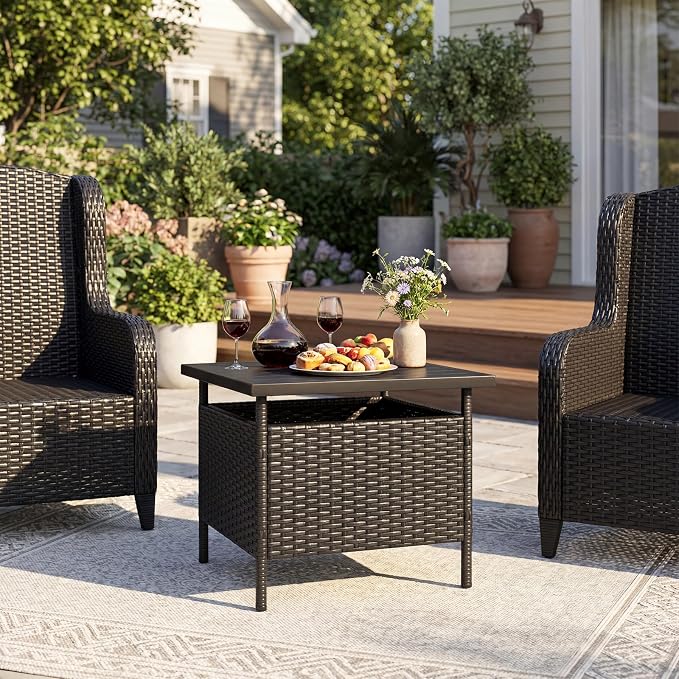 Tangkula Outdoor Wicker Table, Rattan Coffee Table with Umbrella Insert Hole, HDPE Tabletop & Sturdy Metal Frame, Patio Umbrella Side Table Stand for Backyard, Garden, Poolside (Black)