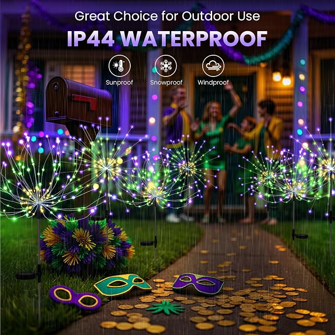 PEVOROS Solar Firework Garden Lights Outdoor, Purple/Yellow/Green, 6 Pack | 120 LEDs, Waterproof, Fairy Garden Decor, Auto On/Off, Solar Powered, for Yard, Patio, Porch, Flower Pot, Pathway