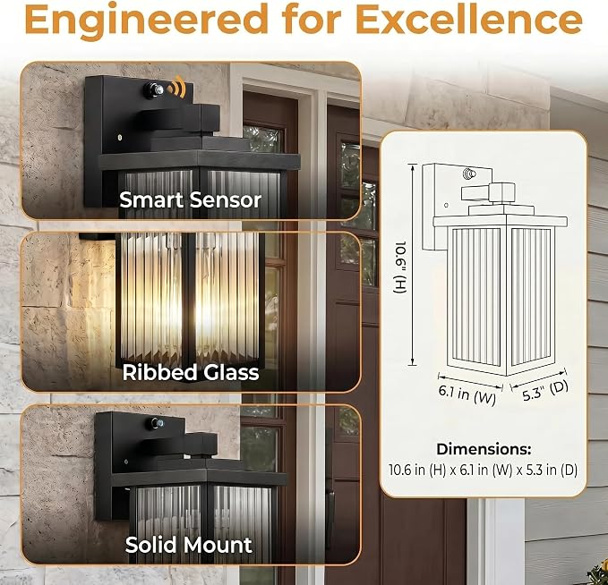 Black Dusk to Dawn Wall Mount Porch Lights, Exterior Light Fixtures | Auto On and Off, Anti-Rust Metal Frame, Tempered Glass, E26 Socket, Easy DIY Install on Porch, Garage