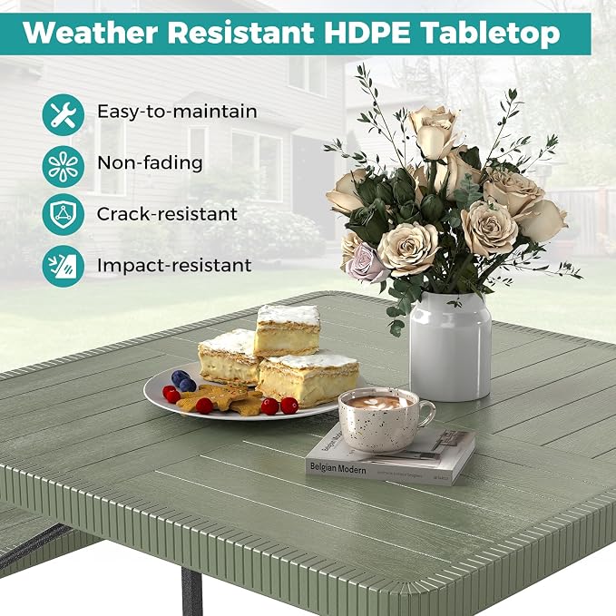 Giantex Picnic Table Bench Set for 4-8 People, 34" Outdoor Square Dining Table & 2 Benches w/Umbrella Hole, HDPE Tabletop, Metal Frame, Patio Camping Furniture for Backyard Porch Lawn (Green,Square)