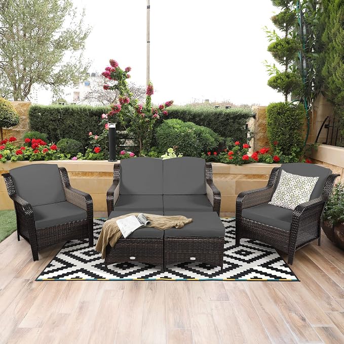 COSTWAY 5PCS Patio Wicker Rattan Furniture Set, Loveseat Sofa with Ottomans and Cushioned Chairs, Conversation Sets for Outdoor Garden Backyard