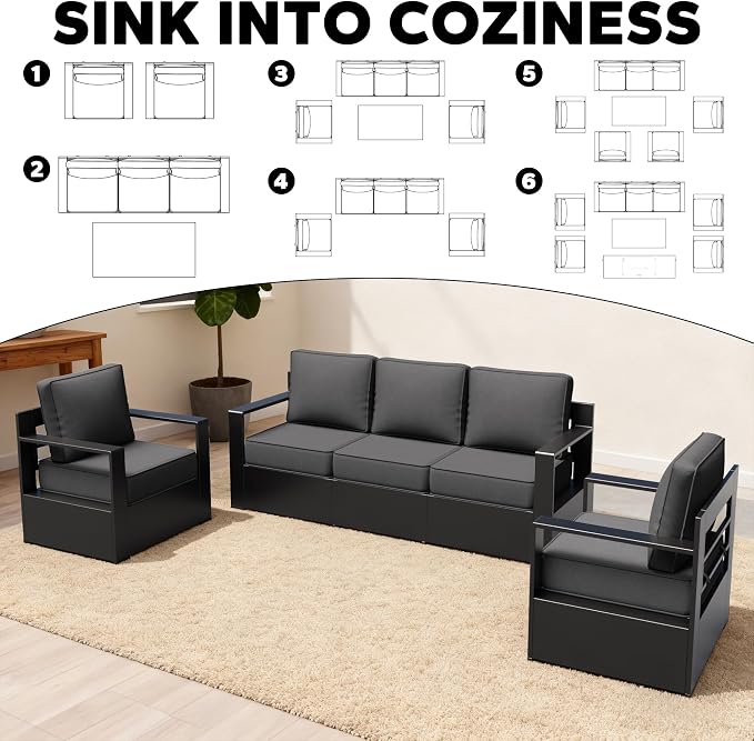 Aluminum Patio 79" Sofa Set with 2 Armchairs, All Weather Outdoor Conversation Furniture Set with Metal Armrest & 6" Water-Resistant Cushions & Furniture Covers for Deck Porch (Grey)