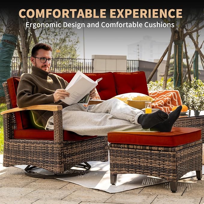 MEISSALIVVE 8 Pieces Patio Furniture Sets,Wicker Patio Conversation Sets with 2 Wood Armrests Swivel Glide Chairs, Outdoor Couch, Loveseat for Deck Yard and Poolside (Red)