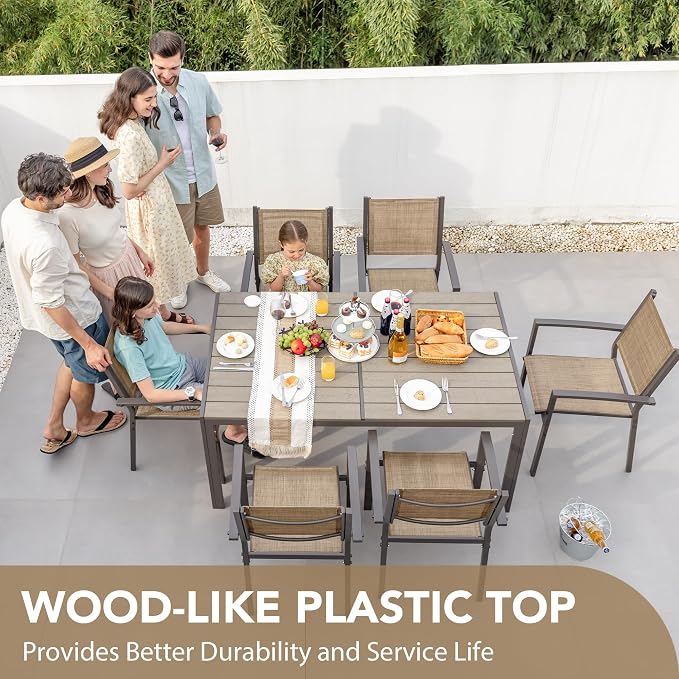 Devoko Patio Dining Set 7 Piece Outdoor Furniture with Rectangular Table and 6 Stackable Chairs Family Conversation Set for Garden Backyard Deck (Brown)