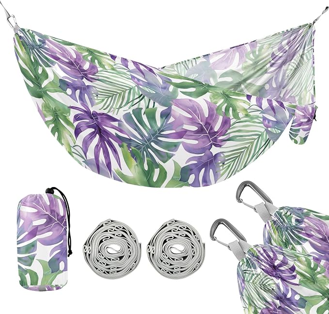 Camping Hammock Outdoor Hammocks for Outside Green Purple Tropical Leaf Beach Trees Portable Lightweight with Pockets Tree Straps Indoor Small