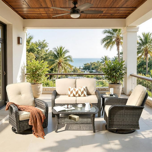 CAODOC 5 Pieces Patio Furniture Set,Outdoor Furniture with Rockers, Rattan Conversation Sets w/Coffee Table, Grey Wicker Light Beige Cushion