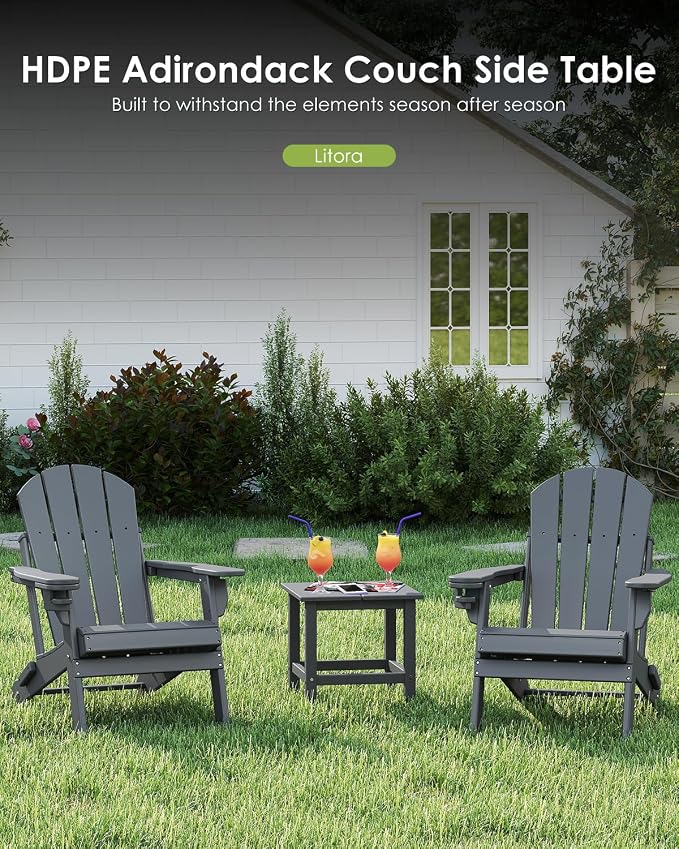 GREENVINES Adirondack-Outdoor-Side-Table | 18 x 18 Inches | HDPE Plastic | All Weather | Outside Couch Tables for Conversation Set | Gray | for Patio Porch Deck Lawn