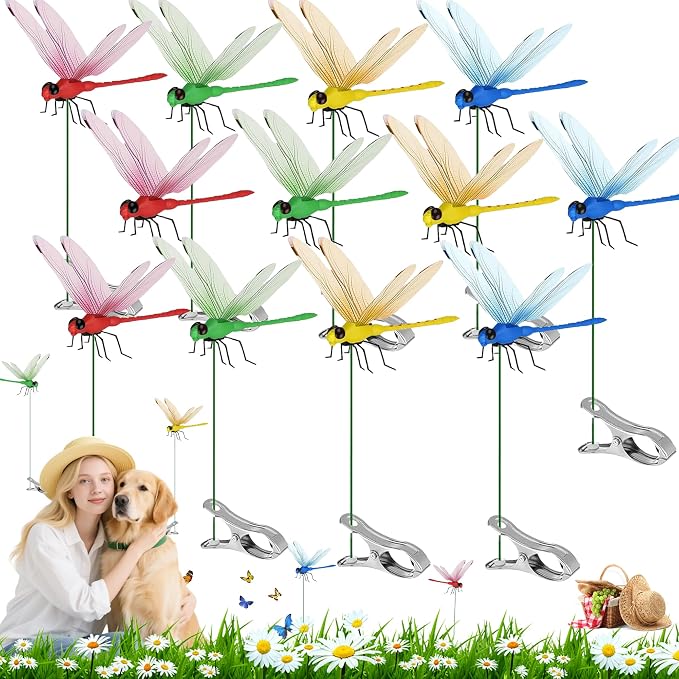 12Pcs Dragonfly Clip, Realistic Fake Dragonflies Dragonfly Hat Clip for Garden Stakes Decor, Yard Ornaments, Hat, Horse, Indoor and Outdoor