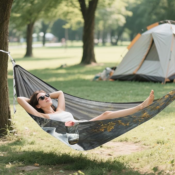 White Wolf in Forest Camping Hammock, Portable Lightweight Single Hammock with 3 Straps and Aluminum Carabiners, 114" x 54" Travel Hammock for Hiking Backpacking Beach