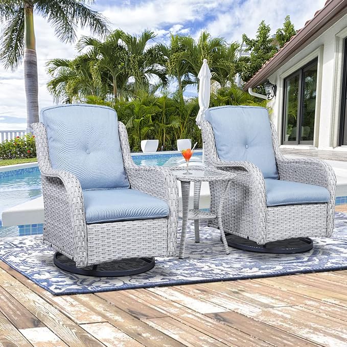 Outdoor Side Table Patio Tables - Wicker Coffee Table with Glass Top and 2-Shelf Storage Rattan End Table Square for Outdoor Patio Porch Deck Balcony Garden(Light Grey/Glass Top)