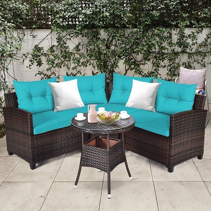 Tangkula 4-Piece C Shape Patio Furniture Set, Outdoor Corner Wicker Rattan Sectional Cushioned Sofa Set, with Glass Coffee Table, for Garden Poolside Balcony (Turquoise)