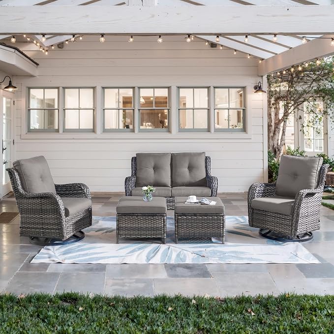 Belord 5 Piece Wicker Patio Furniture Set, Outdoor Swivel Rocker Chairs Set of 2 with Ottomans and Loveseat, All Weather Patio Conversation Furniture Set, for Porch Pool, Gray Wicker/Gray