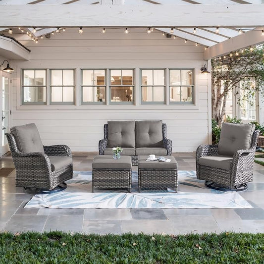 Belord 5 Piece Wicker Patio Furniture Set, Outdoor Swivel Rocker Chairs Set of 2 with Ottomans and Loveseat, All Weather Patio Conversation Furniture Set, for Porch Pool, Gray Wicker/Gray