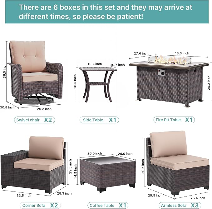 Gotland 10 Pieces Patio Furniture Set with 2 Swivel Rocking Chairs 1 Fire Pit Table, Patio Furniture in 4 Combinations with 1 Coffee Table Wide Armrests 29.5'' High Backrest,for Deck Garden Pool Khaki