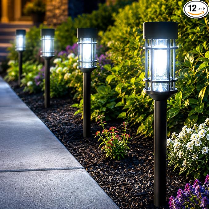 ILANCK 12 Pack Solar Lights Outdoor Pathway, Metal & Glass 21" Large Solar Pathway Lights, Solar Powered Garden Lights for Yard, Landscape, Driveway Walkway