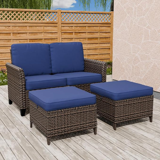 COOS BAY Harbor Retreat 3 Piece Outdoor Furniture Set, Patio Conversation Set with 2 Seat Loveseat and Ottomans, Wicker Furniture, Brown/Blue