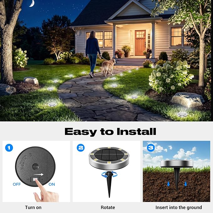Solar Lights Outdoor Waterproof, 8 Pack Solar Powered Ground Lights Outdoor, IP68 Waterproof, Anti-Rust, Solar Garden Lights Landscape Lighting for Pathway Yard Lawn Walkway Driveway,Cool White