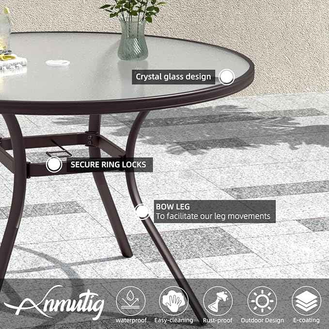 Brown Metal Frame 40" Glass Outdoor Patio Round Dining Table for 4 Person | Glass Table Top, Brown Metal Frame, All Weather, Rust Free, 4 Person Use