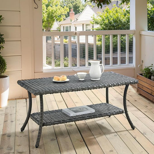 Wicker Outdoor Coffee Table,Rattan Outdoor Coffee Table with 2-Layer Storage Furniture Tables for Garden,Porch,Backyard