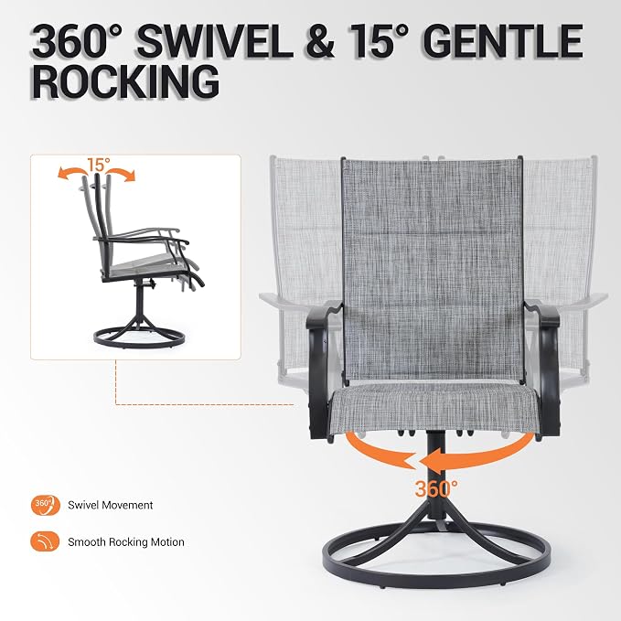 Patio Swivel Rocker Chairs Set of 4,Outdoor Dining Chairs High Back,15° Gentle Rocking Patio Chair with Padded Textilene, Metal Frame for Poolside Lawn Garden,Grey(4 PCS)