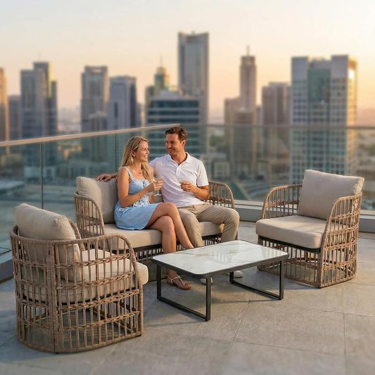 4 Piece Patio Conversation Set, Modular Outdoor Sectional Furniture Set for 4, Rattan Patio Sofa Couch with Cushions, Modern Patio Furniture Set with Coffee Table for Deck/Balcony/Porch, Beige