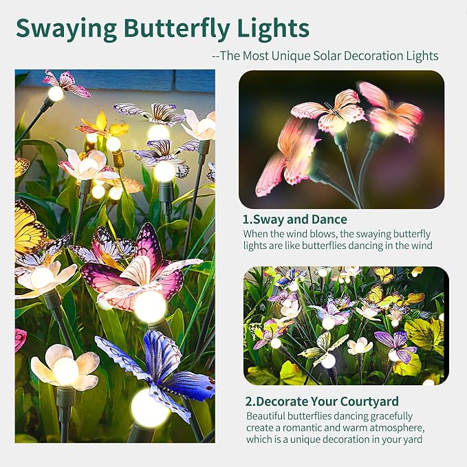 FENSAN Solar Garden Lights,4packs-32LED Outdoor Solar Powered Decor for Yard, Patio, Pathway, IP65 Waterproof Butterfly Lights