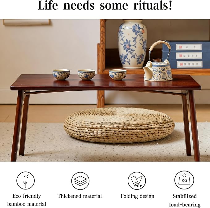 JIKUGO Bamboo Folding Coffee Table No Assembly Required Japanese Floor Table for Bedroom Living Room, Walnut, 26 x 15.8 x 11.8 Inches