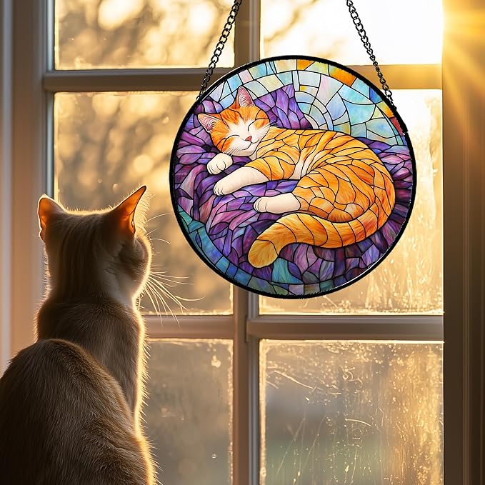 Stained Glass Window Hanging Sleeping Orange Cat Large 15" - Memorial Gift Suncatcher Door Sun Catcher Decor Birthday Christmas for Lost Pets Mom Men Woman Friend