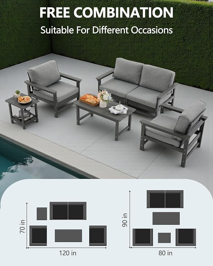 HDPE Outdoor Patio Furniture Set, 6-Piece Sofa Set with Loveseat Couch, 2 Armchairs,Side Table & Coffee Table, Weatherproof Conversation Set with Cushions,for Garden, Porch & Backyard
