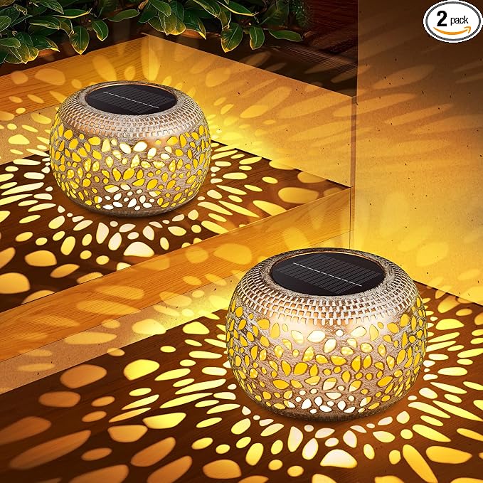 Solar Lanterns Outdoor Waterproof: 2 Pack White Gold Metal Patio Lights | 2 Lighting Colors, Unique Flower Pattern Projection, Vintage Patio Garden Tabletop Decorations, Gifts for Mom & Garden Lovers