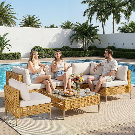 VINGLI 7 Piece Patio Sectional Furniture Set, Wicker Outdoor Furniture with Thick Cushions and Coffee Table, Outdoor Couch Conversation Sets for Garden, Backyard, Pool