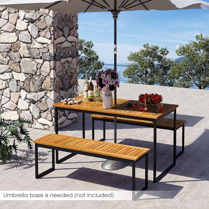 Patio Dining Table, 6-Person Acacia Wood Dining Table with 2 Inches Umbrella Hole, Slatted Tabletop & Adjustable Foot Pads, Outdoor Dining Table for Garden, Poolside & Dining Room