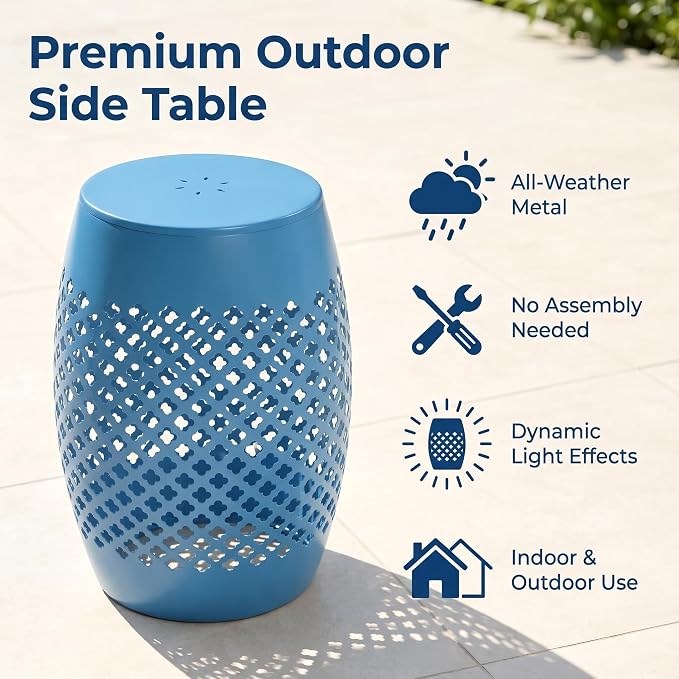 12" Outdoor Side Table, Metal Cutout Drum Side Table, Patio Garden Stool | Coffee End Tables for Small Spaces, Living Room, Backyard, Poolside