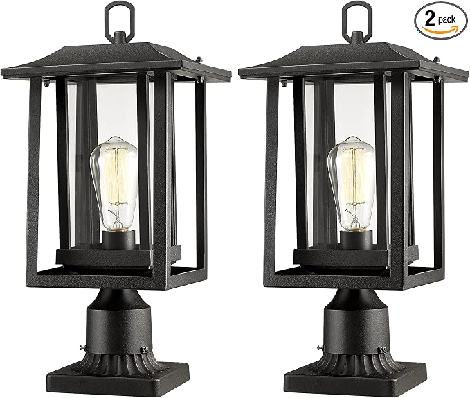 Beionxii Outdoor Post Lights, Large Exterior Lamp Post Light Fixture with Pier Mount Base, Black Cast Aluminum w/Clear Glass (19" x 9") - A197P-2PK (NOT Solar, 110-120V AC)