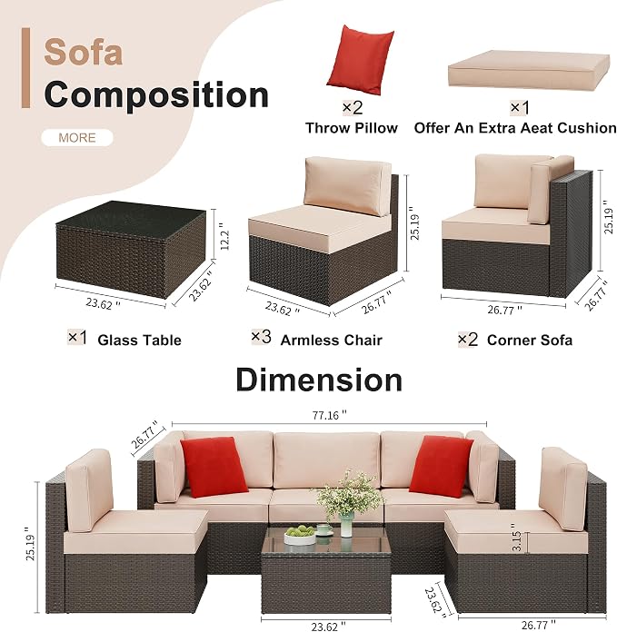 6 Pieces Patio Furniture Set Outdoor Couch Wicker Sectional Sofa, Beige