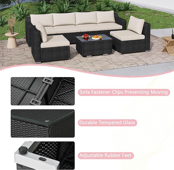 7-Piece Patio Furniture Set - Outdoor Sectional Sofa Set with Cushions and Glass-Top Coffee Table for Gardens, Poolside, Backyards and Porches, Beige/Black