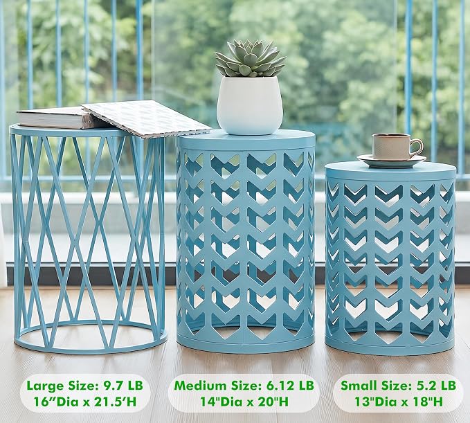Y&M Set of 3 Stacking Coffee Table for Living Room, Patio Side Table,Indoor End Tables for Bedroom, Outdoor Decorative Garden Stool with Heavy Duty Metal Frame Modern Industrial Decor - Light Blue