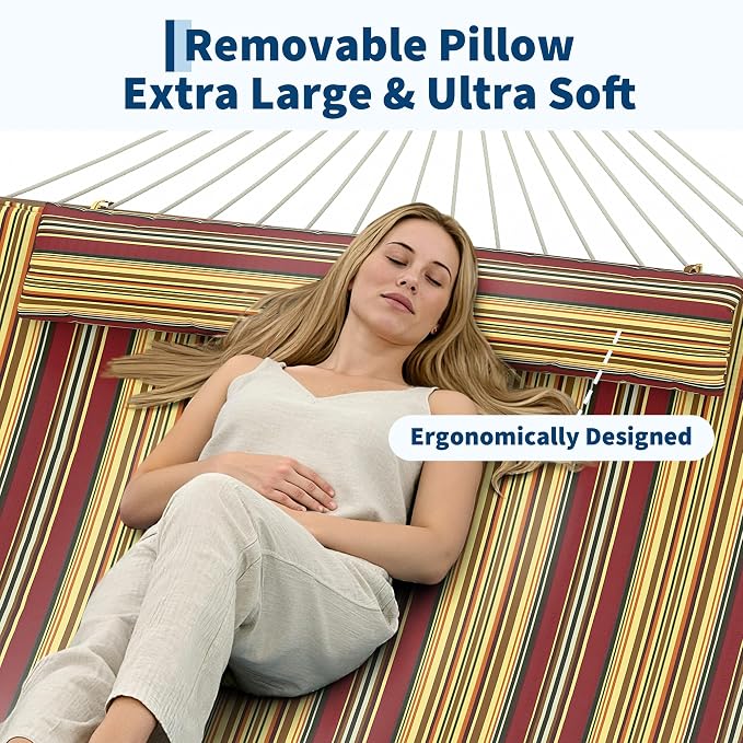 Garvee Double Quilted Hammock – 450 lbs, Hardwood Bars, Pillow Included | Soft yet durable quilted fabric – resists wear and retains shape.
