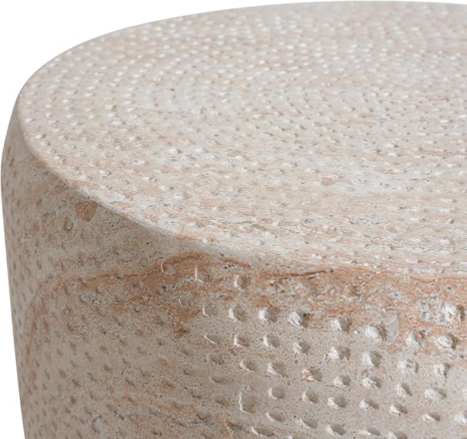 Outdoor Side Table Round Concrete Side Table Faux Marble End Tables Cement Accent Tables Patio Garden Stool Plant Stand for Porch, Backyard Balcony,14.25",Barrel, Beige