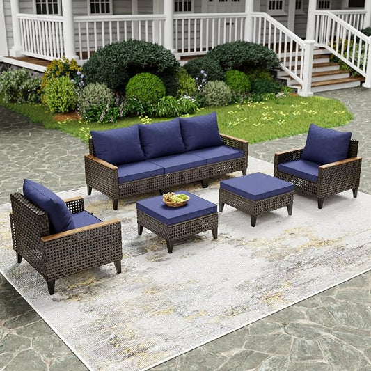 7 Piece Patio Furniture Set, All-Weather Wicker Rattan Outdoor Sectional Sofa Set with High Backrest and Thick Cushions for Garden, Porch, Poolside, Blue