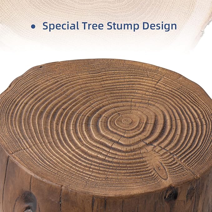 HOMPUS Concrete Outdoor Side Table Set of 2, 2 Piece Tree Stump Modern Round Coffee Table Accent Set Plant Stand Faux Wood End Table Garden Stool for Patio,Home Decor, Living Room, Dark Walnut