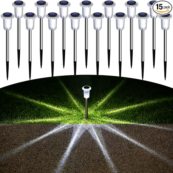 DenicMic Solar Pathway Lights Outdoor Waterproof Cold White LED 15 Pack | Yard Garden Driveway Walkway Landscape Path Lights, Starburst Pattern, Acrylic Diamond-like Lampshade Stainless Steel Pole