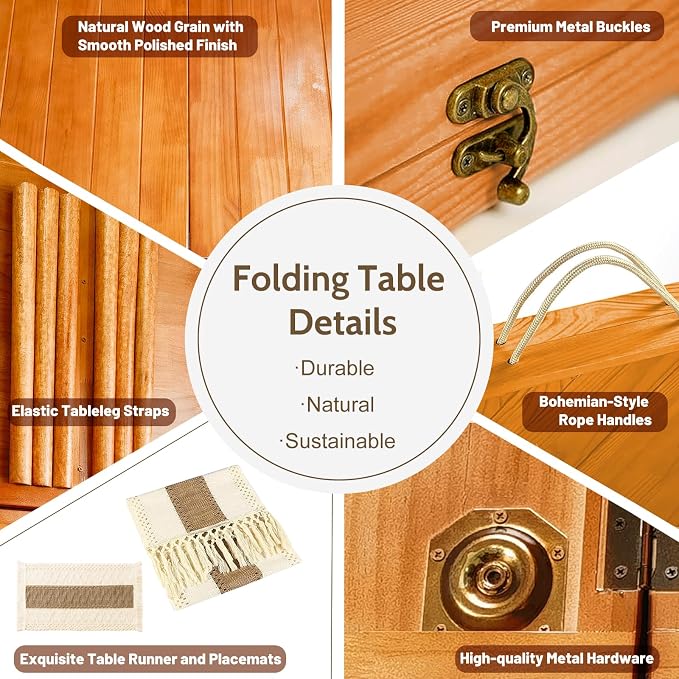 Folding Picnic Table with Table Runner and Placemat, 60*30 in Wooden Picnic Table for Outdoors, Boho Low Coffee Table for Sitting on The Floor, for Beach, Park, Garden, Camping, Travel(Brown)