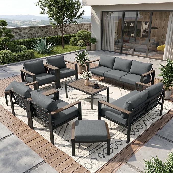 Outdoor Patio Furniture Set 9 Pieces Luxury Aluminum Patio Conversation Set with Coffee Table and 2 Ottoman 11 Seats, Thick Cushions, Large Sectional Sofa for Porch, Balcony, Deck, Yard, Gray