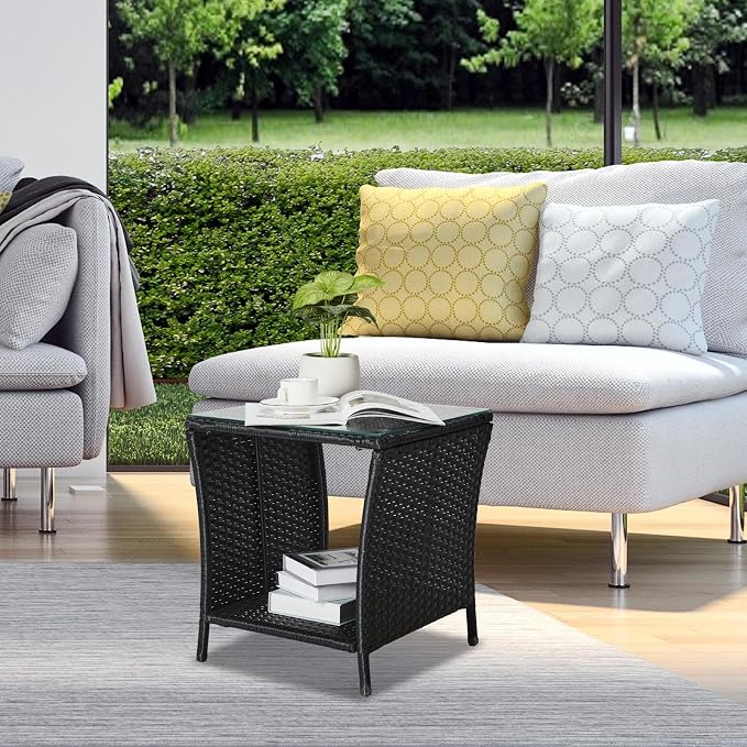 HOMSUPPLIE'S Outdoor Rattan Side Table with Storage, Square Patio Coffee Table w/Tempered Glass Top, Wicker End Table for Porch, Balcony, Poolside & Backyard(Black,Tempered Glass sty.3)