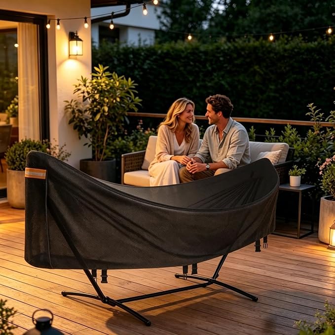 Heavy Duty Waterproof Hammock Cover with Stand - Patio Swing Bed Protector, Weatherproof UV-Resistant Oxford Shield, Windproof Buckles, Night-Reflective Handles, Fits 12ft Spreader Bar