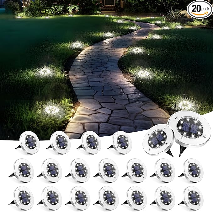 SOLPEX Solar Ground Lights Outdoor, Walkway Lights 20 Pack Cool White | IP65 Waterproof Stainless Steel Landscape Lighting for Driveway, Pathway, Garden, Patio, Backyard Decor